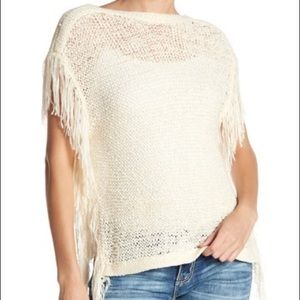 JOHN + JENN Fringe Short Sleeve Sweater Cream Small